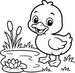 Fototapeta premium Cute cartoon duckling, black and white illustration, pond scene, vector graphics