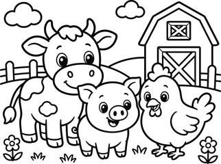 Obraz premium Farm animals, cow, pig, chicken, coloring book, vector illustration, farm scene, black and white