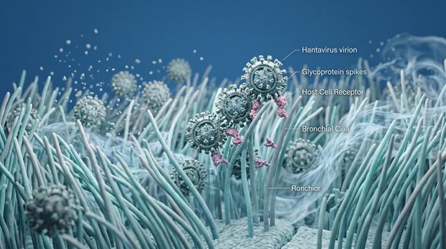 Microscopic binding of Hantavirus to human bronchial cilia
