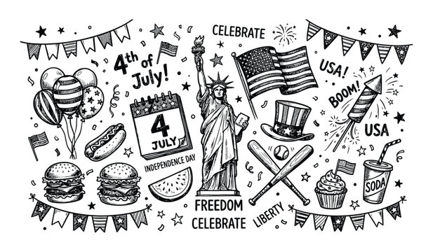 4th of July American Celebration Doodle with Patriotic USA Symbols