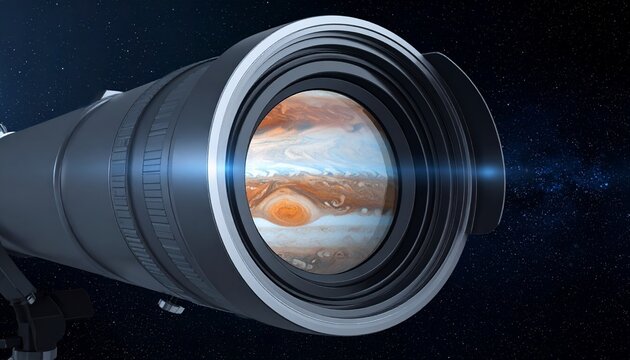 Telescope Lens Focusing on Jupiters Swirling Clouds and Great Red Spot.