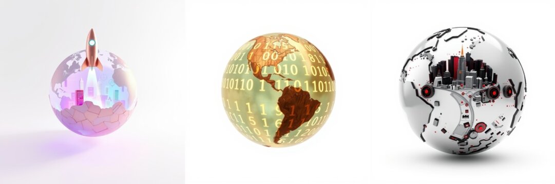 Three spherical globes represent technology, space exploration, urban development. Bright visuals depict future possibilities, innovation, connectivity.