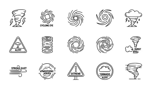 Hurricane Cyclone and Tornado Outline Icon Pack for Weather Forecast and Storm Warning