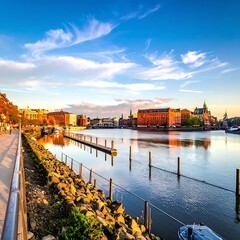 Fototapeta premium A serene waterfront scene with a calm body of water, a walkway, and buildings