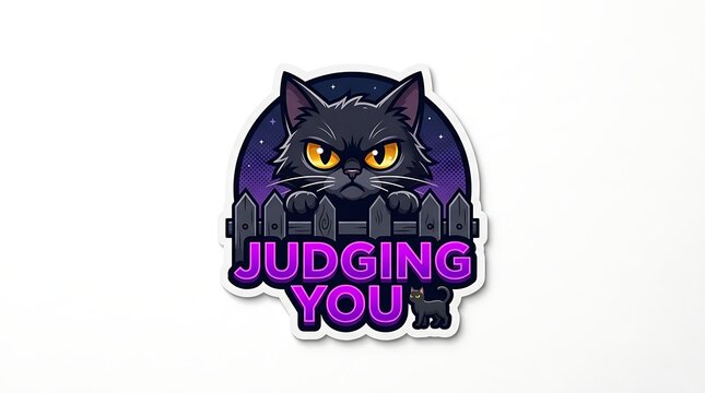 Mysterious Black Cat Judging You: A stylized black cat with piercing yellow eyes peers over a purple fence, set against a starry night sky, conveying a sense of judgment and mystery.