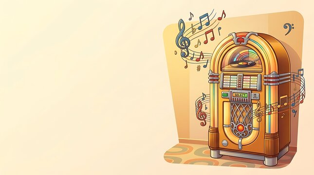 Vintage jukebox playing music with floating notes on warm background