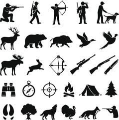 Obraz premium Hunter with rifle and dog, bow hunter, hunter watching, walking hunter, deer, bear, wild boar, ducks, pheasant, moose, rabbit, bow and arrow, shotgun, rifle, knif
