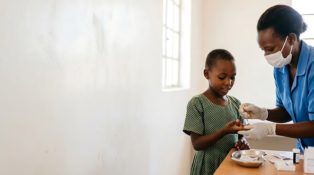 Nurse taking a finger prick blood sample from a young girl
