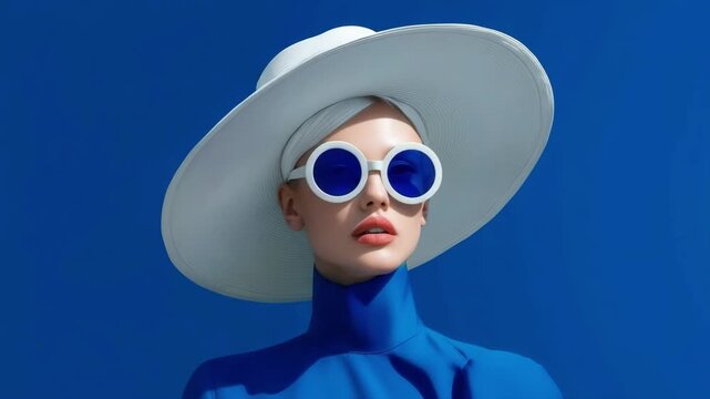 A fashion model stands confidently in a vibrant blue outfit, matching her oversized hat and round sunglasses. The striking blue background enhances her bold look, creating a stylish vibe.