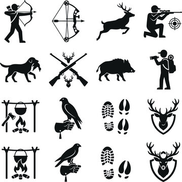 Compilation of hunting themed icons and symbols featuring hunters animals weapons and traps on transparent background design.