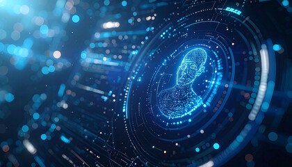 Obraz premium Digital Identity and AI Interface: A futuristic holographic display showcases a digital representation of a person, surrounded by glowing circuits and data streams.