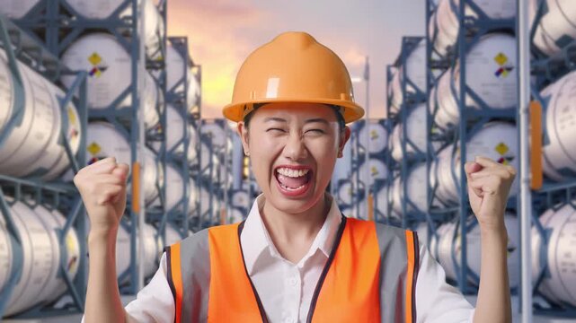 Close Up Of Asian Female Engineer With Safety Helmet Screaming Goal Celebrating Working at Industrial Chemical Tank Container Storage Facility