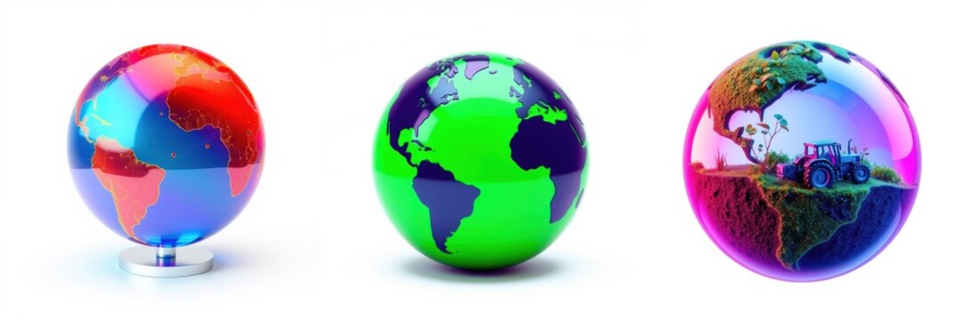 Colorful globes represent Earth. Each displays different continents, oceans, vibrant hues. Simple white surface supports spheres.