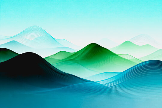 An abstract digital artwork featuring layered translucent mountain forms with smooth gradient green and blue tones, creating a minimalist modern landscape.