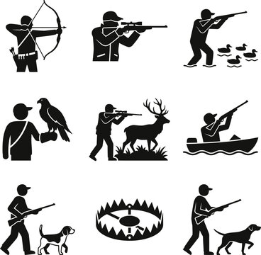 Professional collection of hunting activities featuring archer sniper waterfowl shooter falconry deer hunter boat fisher dog tracker and steel traps vector icon set.