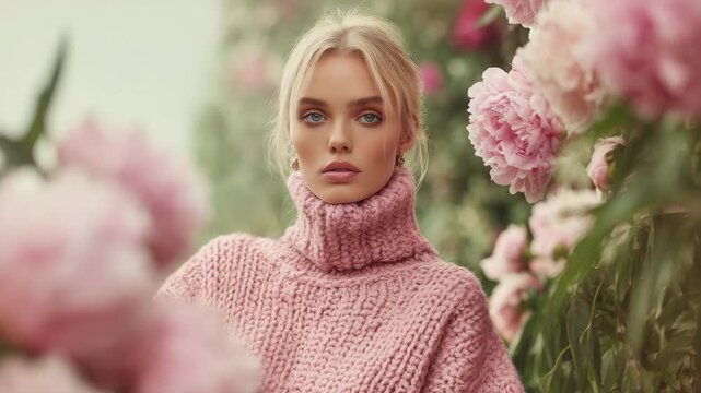 A model poses gracefully among large pink peonies, wearing a pink dress. Her blonde hair and elegant earrings complement the romantic atmosphere, enhanced by soft lighting.