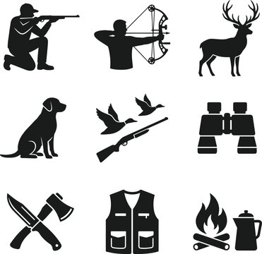Hunting gear icons featuring hunter rifleman archer deer waterfowl hunter sporting dog binocular camping equipment vest axe knife fire pot silhouettes vector set.