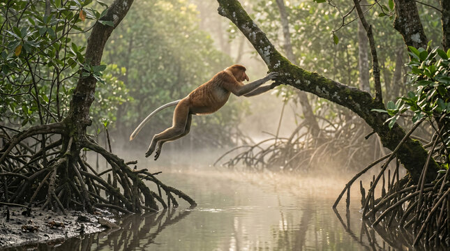 A proboscis monkey leaps gracefully across a misty river in a lush mangrove forest, with sunlight filtering through the trees.