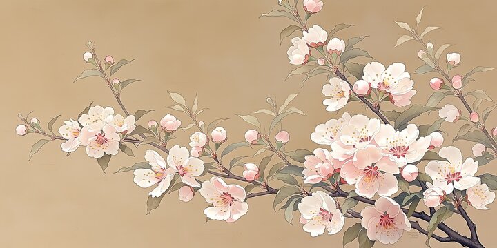 Close Up Floral Art Sprig Of Pink White Flowers Orange Stamen Visible Dark Branch Light Brown Textured Wall Approximately Two Dozen Blooms Green Leaves Traditional Aesthetic