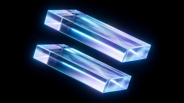 Two glowing translucent glass rectangular blocks floating in deep black space with vibrant blue and purple refractive light effects for abstract design