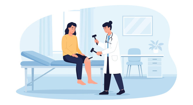 Doctor checks patient's reflexes with reflex hammer in medical examination room