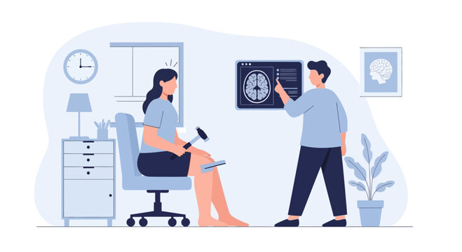 Doctor Examines Patient's Reflexes with Reflex Hammer and Brain Scan