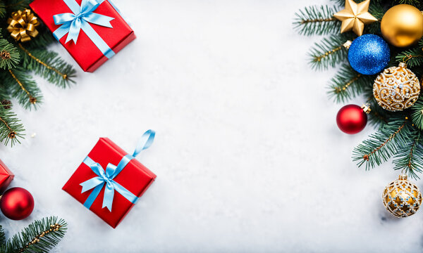 red gift boxes with blue ribbons on snowy surface
