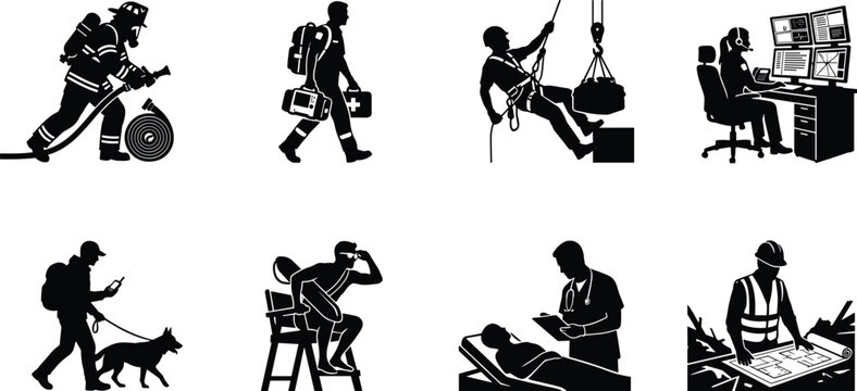 Black silhouette illustrations of emergency response and public service professions including firefighter, paramedic, dispatcher, lifeguard, doctor, and engineer