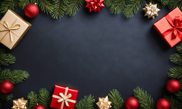 gold and red gift boxes with fir frame on dark