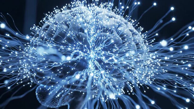 Hyper realistic cgi fusion brain network digital neural system intelligence data flow glowing connections electric impulses dark
