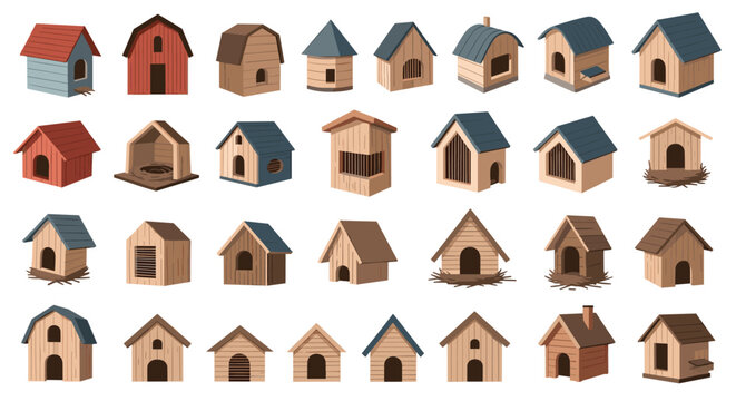 Comprehensive collection of wooden birdhouses and dog kennels shows various architectural styles for pet and wildlife shelters.