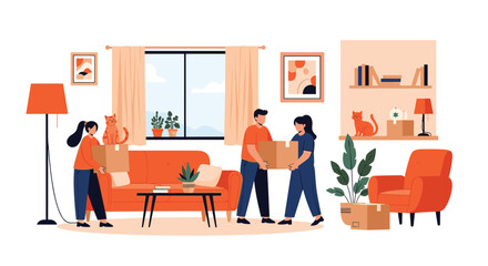 Fototapeta premium Family moving into a new home works together to carry boxes while their pet cats explore the warm and sunny living room interior.