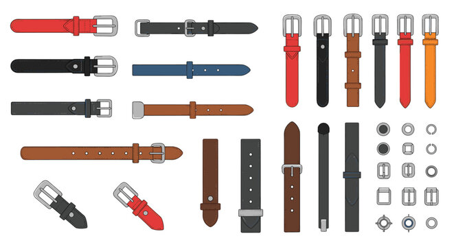 Collection of watch straps and belts in various materials and colors includes leather, fabric, and metal buckles for fashion accessories.