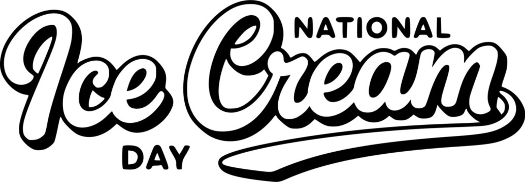National Ice Cream Day typography logo featuring retro script text lettering with bold black outline shadow and swoosh tail vector illustration.