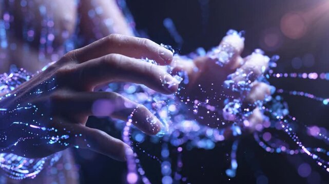 Hyper realistic cgi fusion digital hand glowing particles light trail abstract dynamic visual effect futuristic particle trail