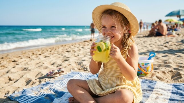 A young girl sits on a beach blanket, enjoying a refreshing drink. She wears a yellow and white striped dress, a straw hat, and sandals.