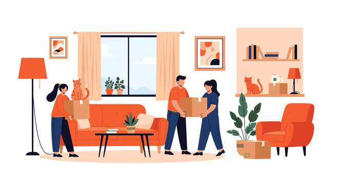 Family moving into a new home works together to carry boxes while their pet cats explore the warm and sunny living room interior.
