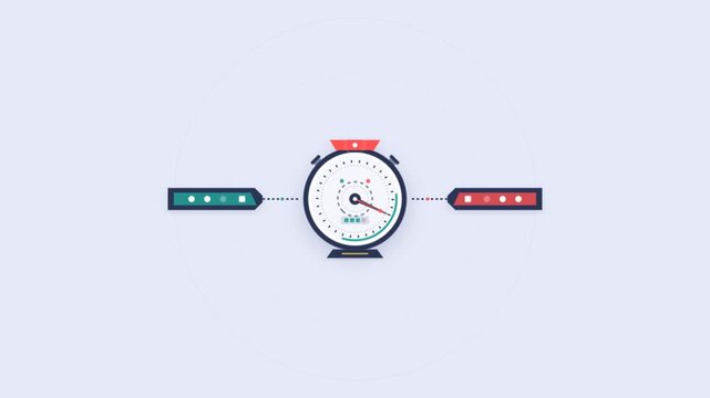 Flat design animation of a speedometer gauge measuring performance data
