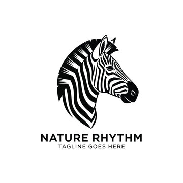 Striking zebra head profile logo with bold black and white stripes.