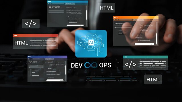 AI-Driven DevOps Workflow with Coding Windows, Programming Languages and Code Editor Interfaces on a Keyboard Background Gluon.