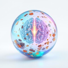 Obraz premium Brain inside sphere. Colorful fragments float around it. Light emanates from center, creating vibrant glow. Futuristic concept.