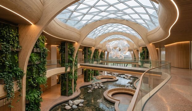 Modern Biophilic Atrium Design with Undulating Timber Arches, Living Green Walls, and Indoor Water Feature