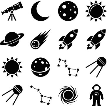 Astronomy icons collection including telescope crescent moon full moon sun planet comet rocket solar system constellation sputnik galaxy astronaut isolated on background.