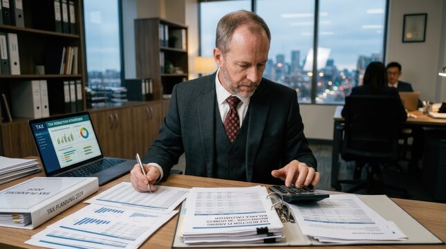 A mature man sits at a desk in an office, meticulously reviewing tax planning documents.