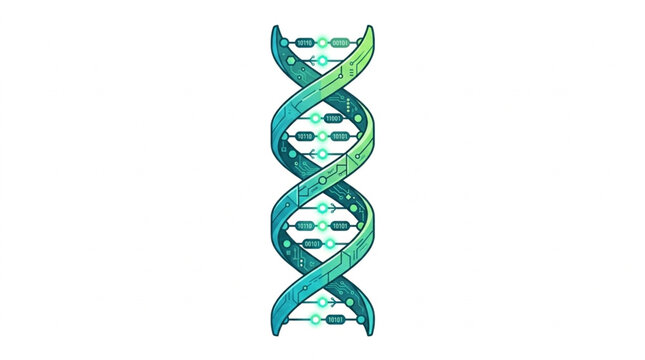Digital DNA double helix strand icon with computerized tech links and binary data nodes in green vector
