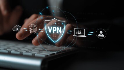 Fototapeta premium VPN security protects network access. VPN security encrypts data, hides identity, VPN security defends traffic, and VPN security secures connection from threats. Marrow