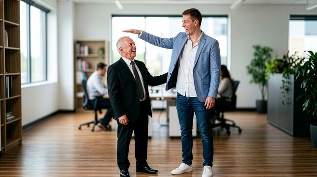 Tall young businessman and senior executive sharing a lighthearted moment in a modern office, highlighting height difference, teamwork, mentorship, success, leadership and workplace culture.
