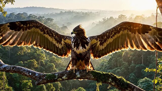 Majestic Javan Hawk-Eagle Stretching Its Wings Wide on a Branch Surrounded by Lush Green Foliage at Sunrise