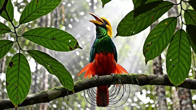 Male Bird-Of-Paradise Calling From A High Branch Surrounded By Lush Rainforest Foliage In A Misty Tropical Setting