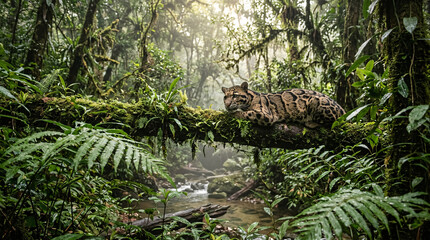 Fototapeta premium Clouded leopard resting on a mossy tree branch in a vibrant, sun-dappled rainforest with a stream flowing below.